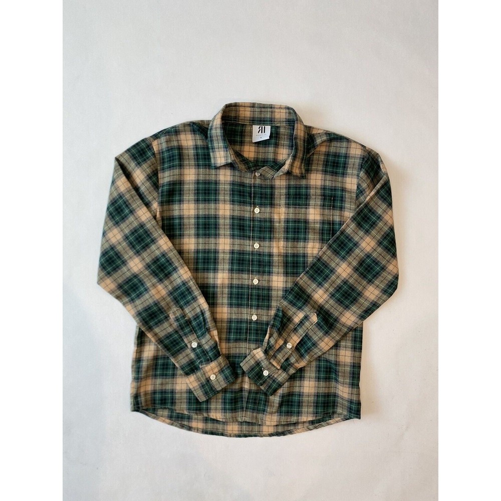 Men’s Richie Le Flannel Shirt  Fit Small Green Tan Plaid Button Up Cotton